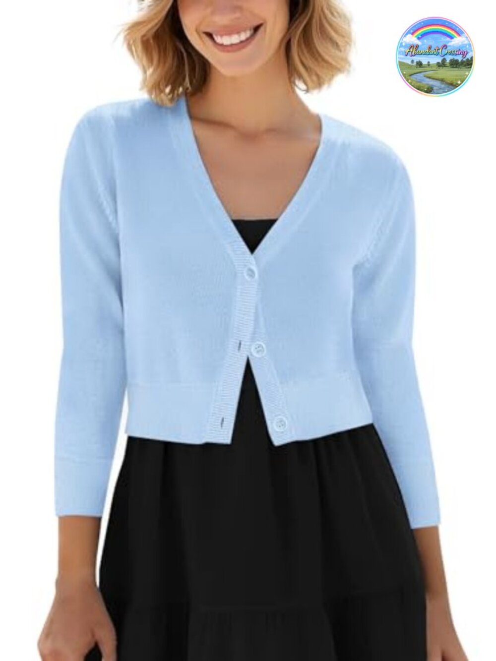 Cropped Cardigan Button Down V-Neck 3/4 Sleeve Knitted Sweater